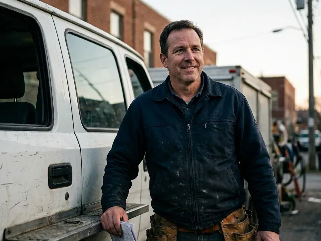 Smiling man standing beside a dirty white van on a Cincinnati city street