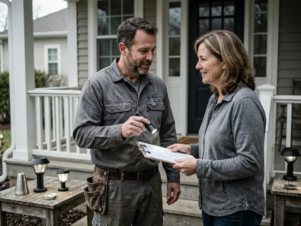 Man and woman review a clipboard on a porch while he points with a flashlight