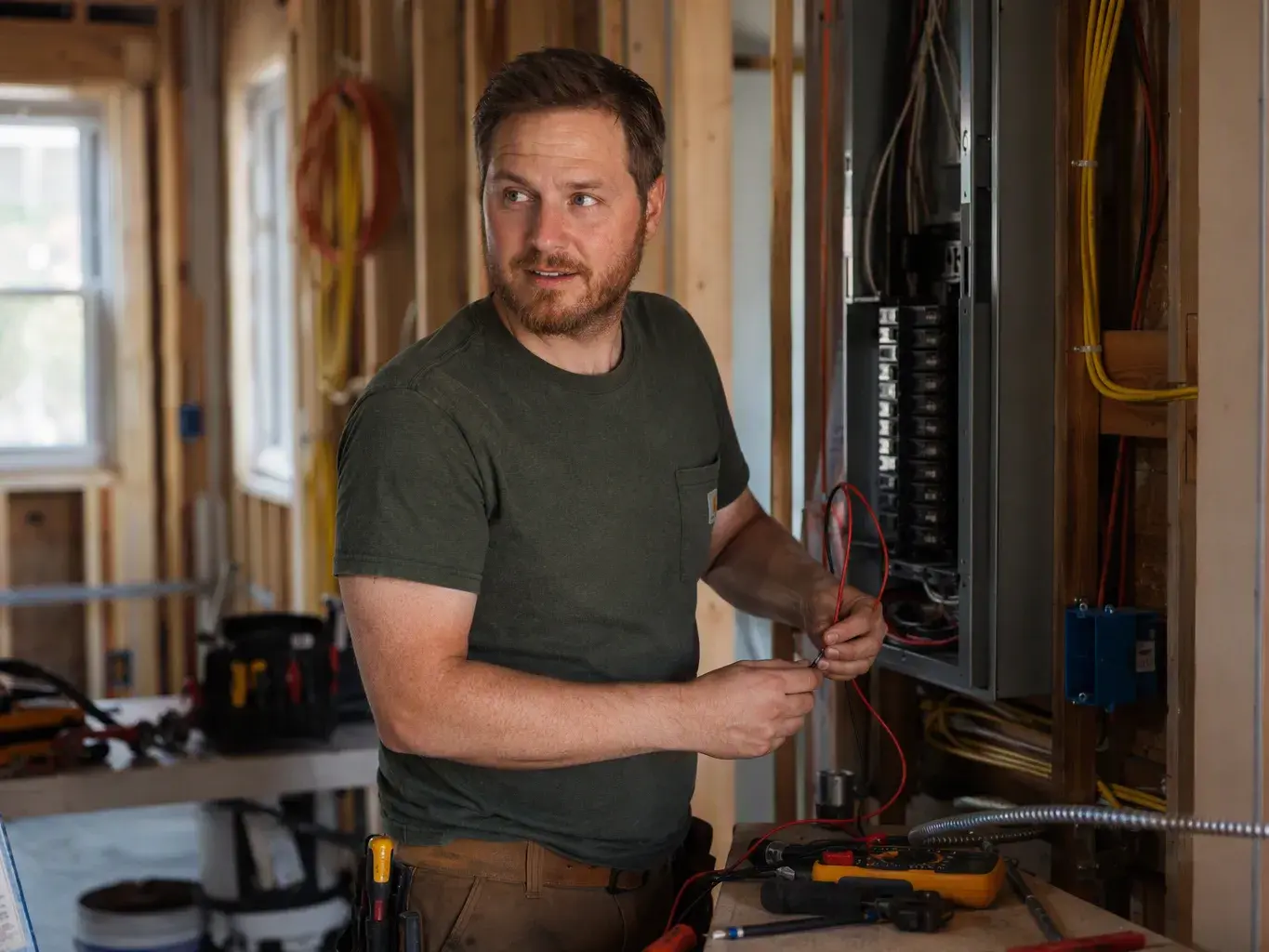 Electrician working on an electrical panel with red wires and tools in a partly