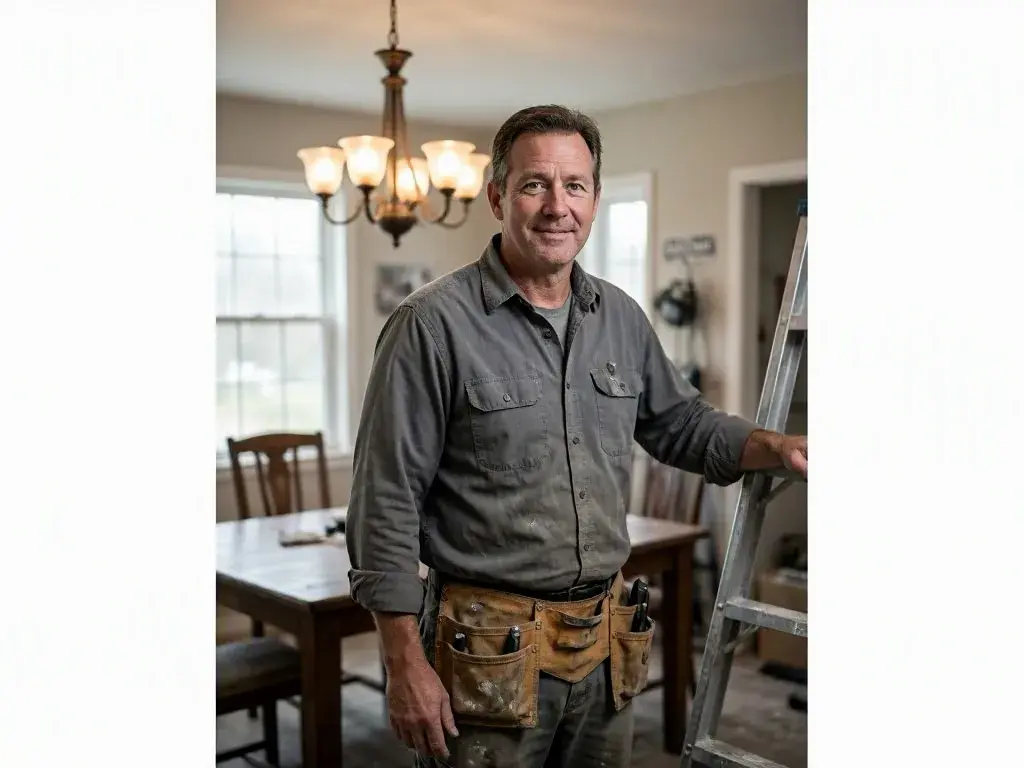 Electrician stands beside a ladder in a bright dining room with a chandelier