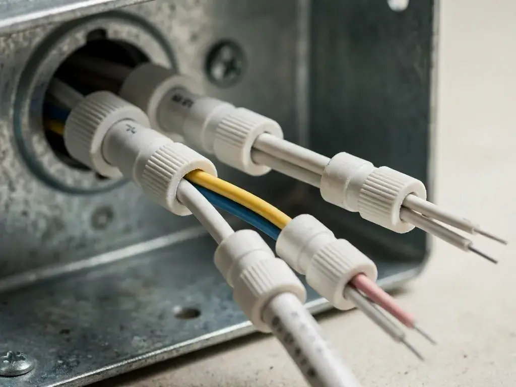 Close-up of electrical wires passing through a metal junction box with white