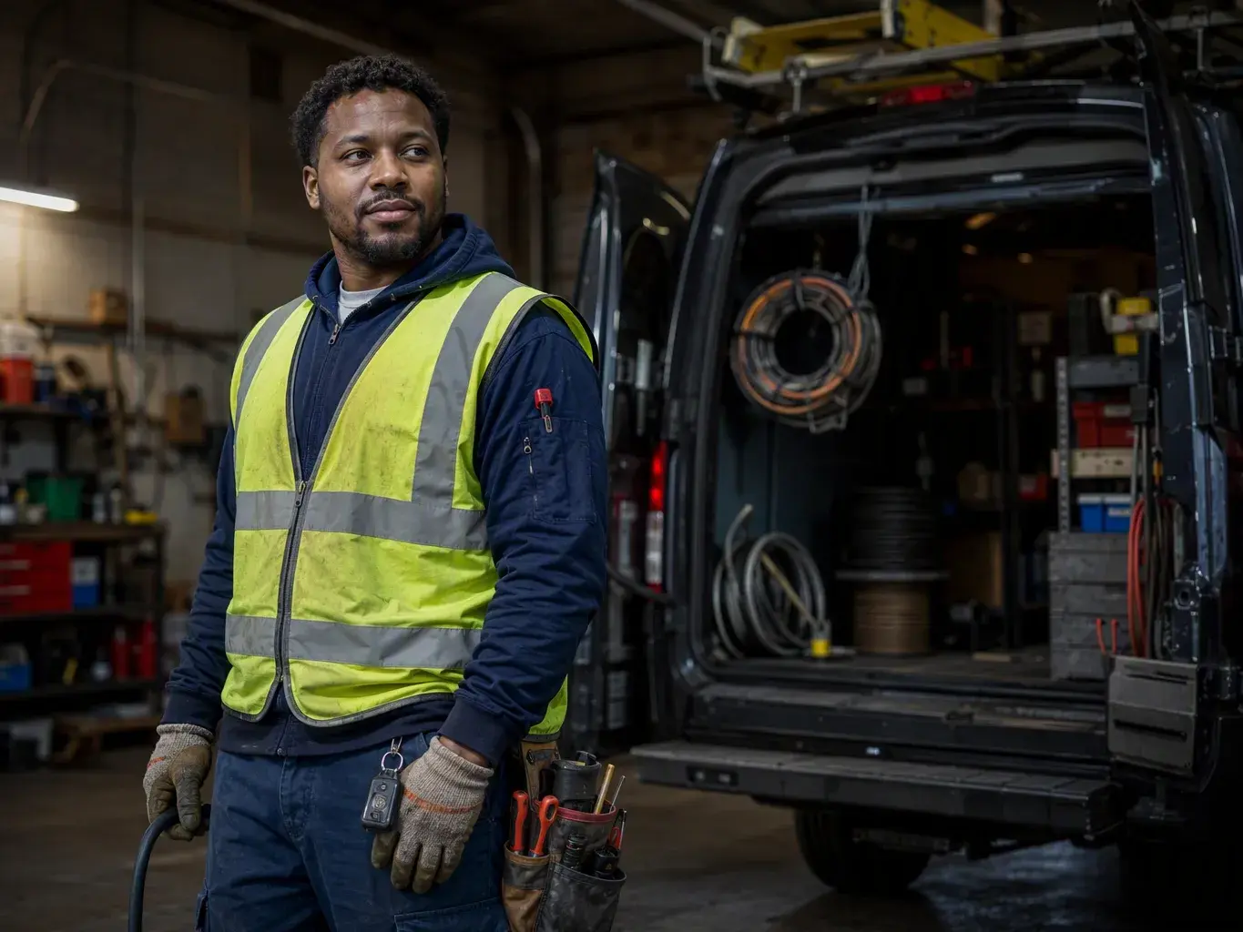 Worker in a safety vest stands beside an open utility van inside a workshop