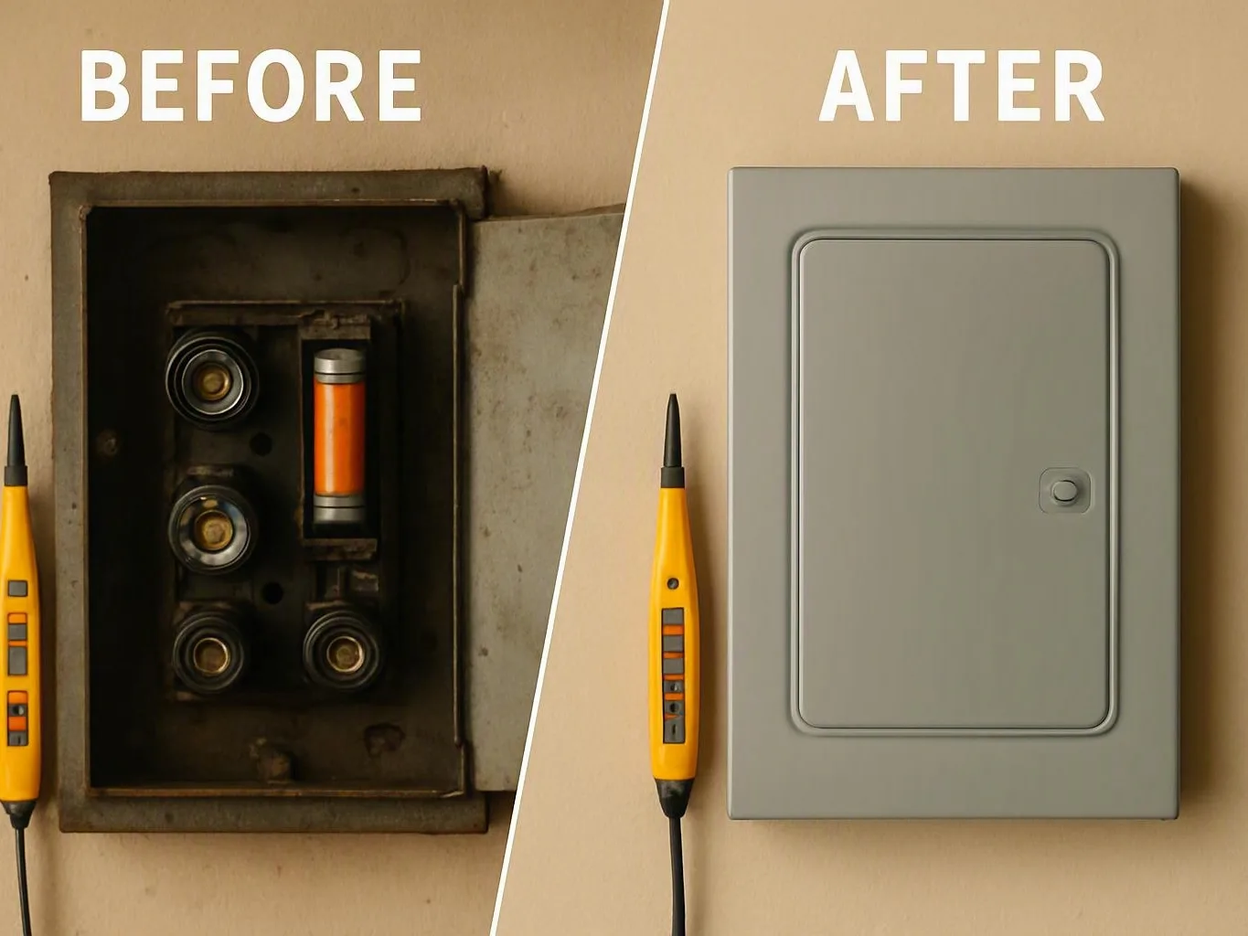 Before-and-after electrical panel repair, showing a rusty open box replaced