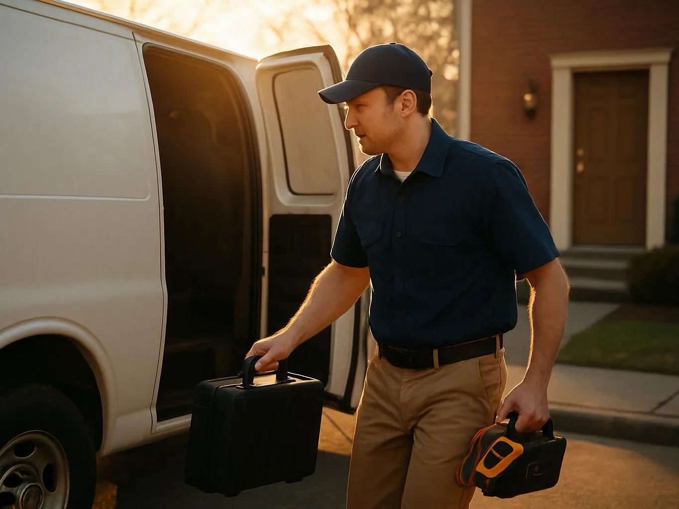 A delivery worker in a cap carries two black cases beside an open white van in a suburban driveway