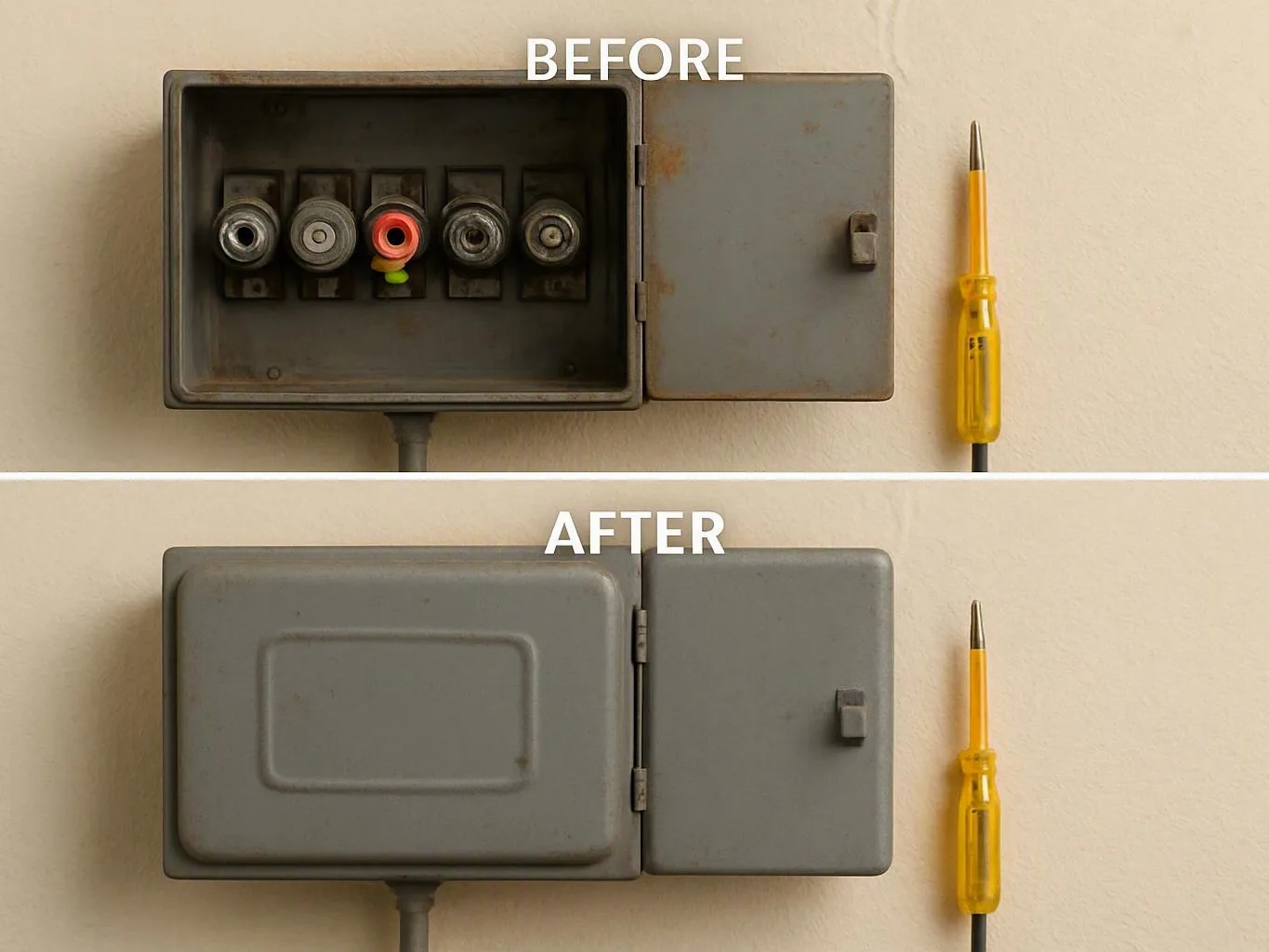 Technician tracing wires beside a wall outlet