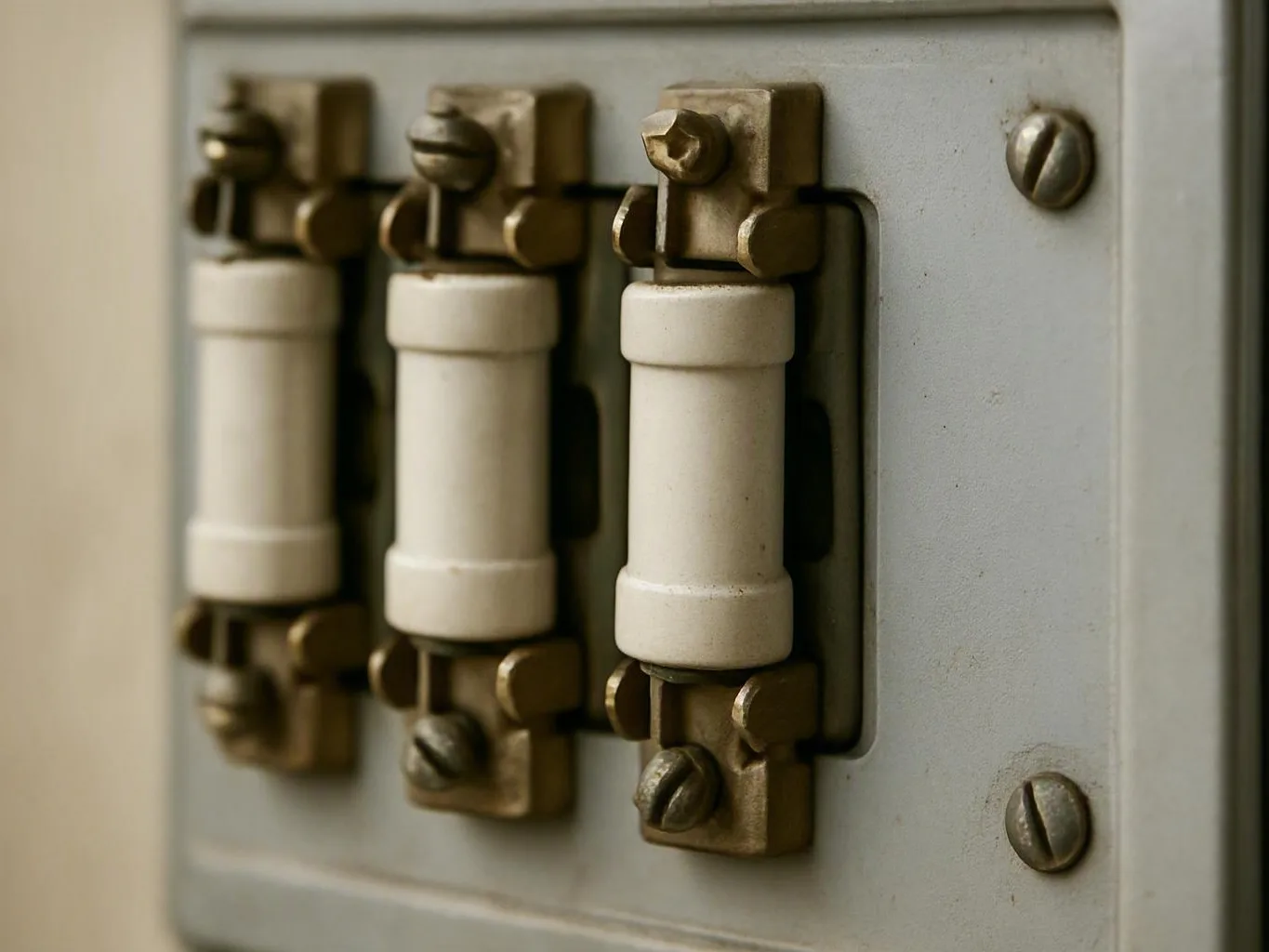 Three white ceramic fuse cartridges sit in brass holders on a gray electrical panel