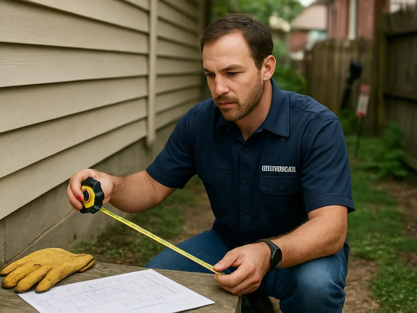 A man in a blue shirt measures wood outdoors beside a house, with gloves and plans on a table