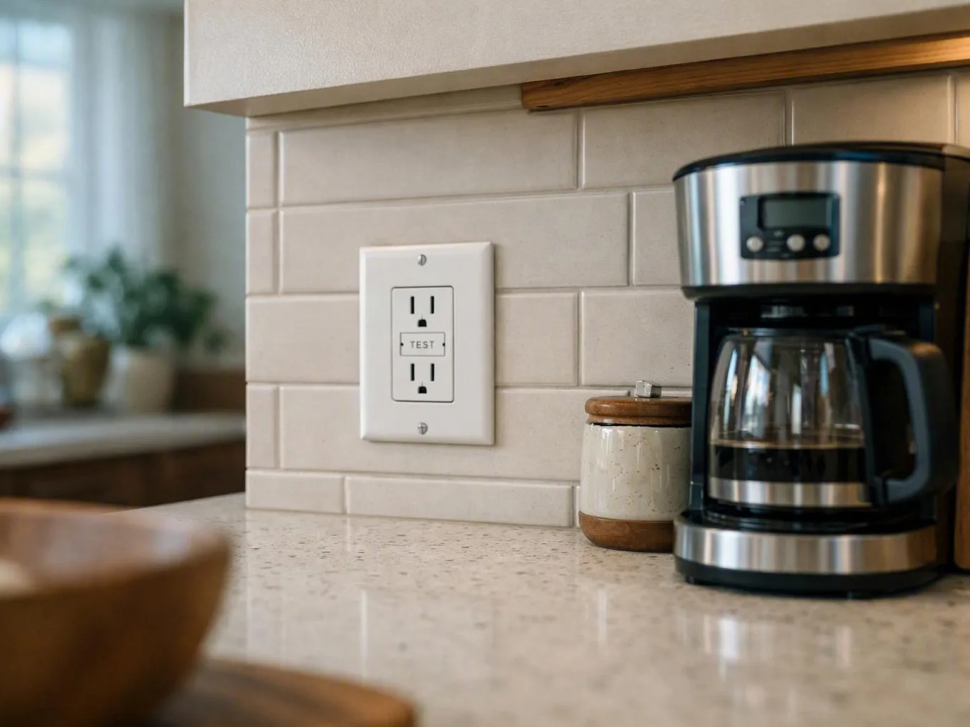 Kitchen counter with coffee maker beside tiled backsplash and GFCI outlet