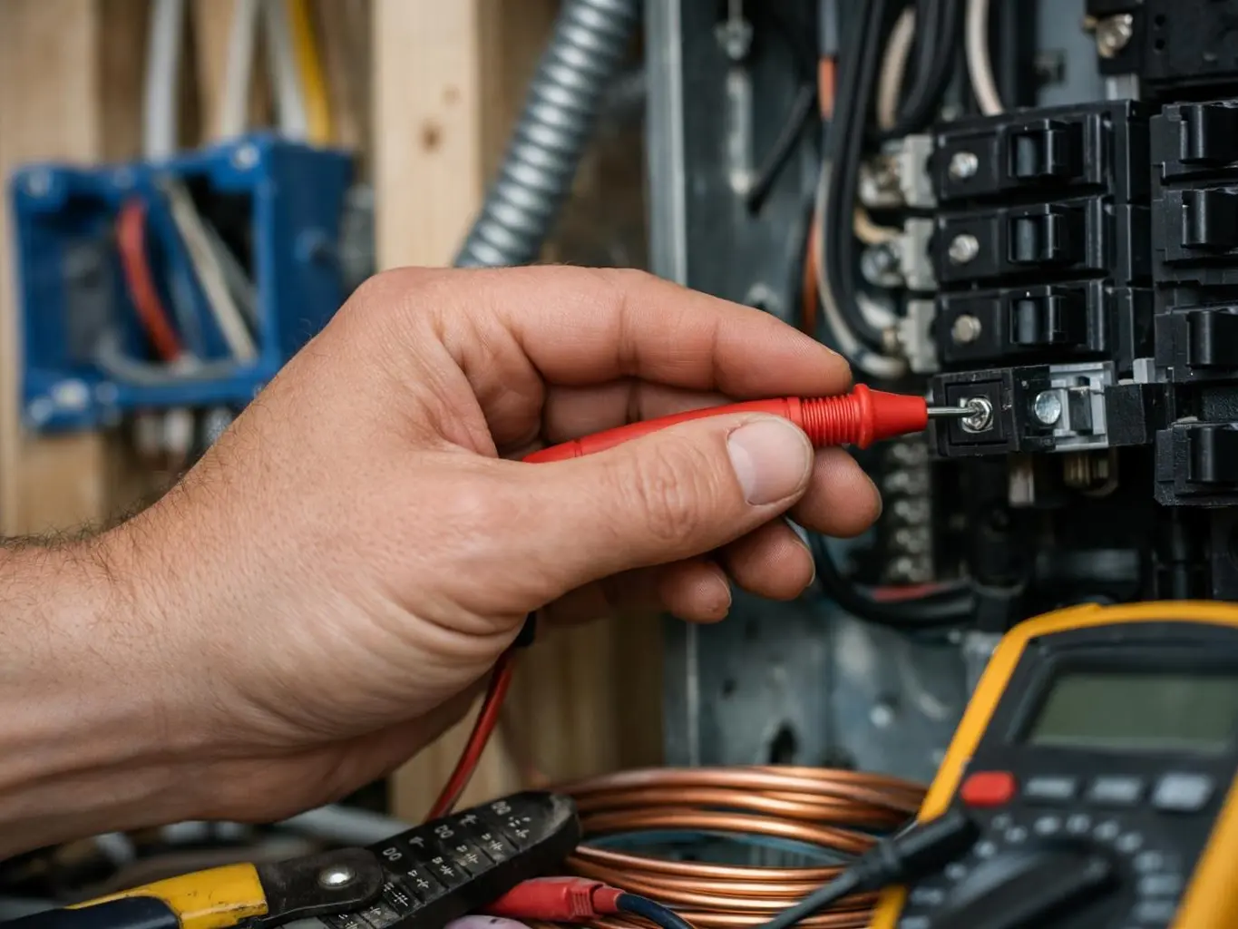 Electrician routing PoE cable for cameras