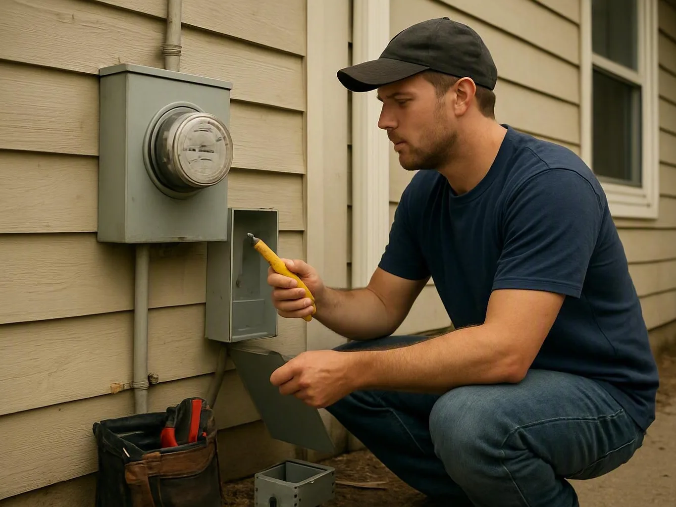 Technician installing a GFCI outlet beside a kitchen sink