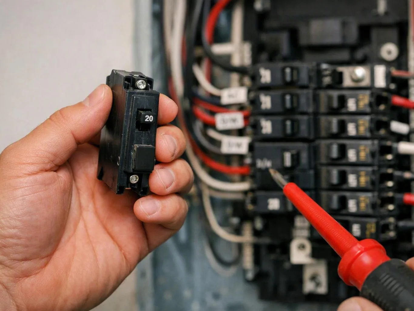 Electrician testing a breaker panel in a basement — Do Emergency Repairs Need an Electrical Permit?