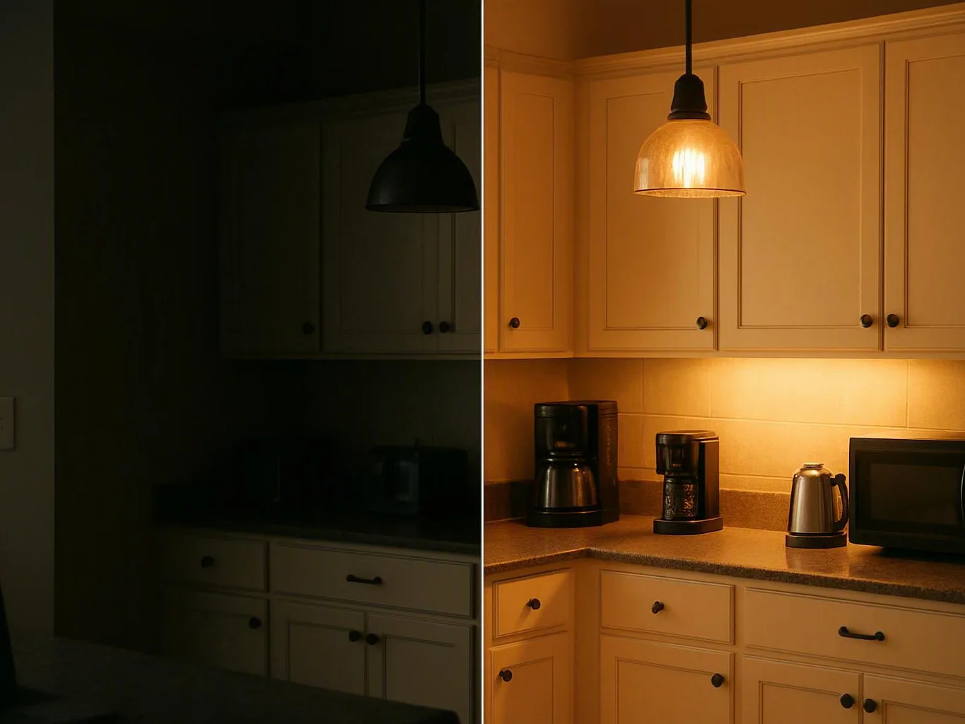 A split-screen kitchen shows the same cabinets dark on the left and warmly lit with appliances on the right