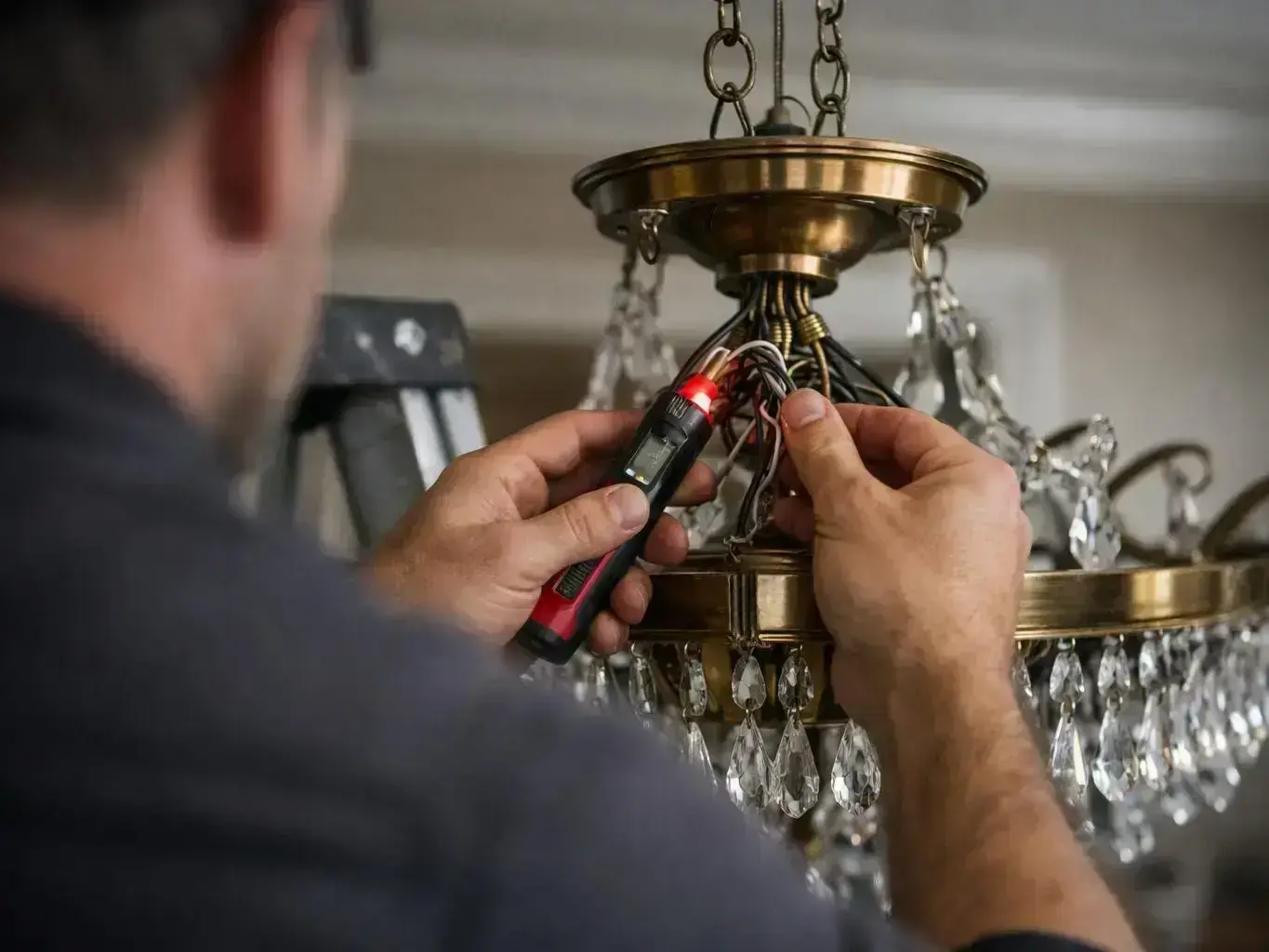 Electrician testing breaker panel in Cincinnati home