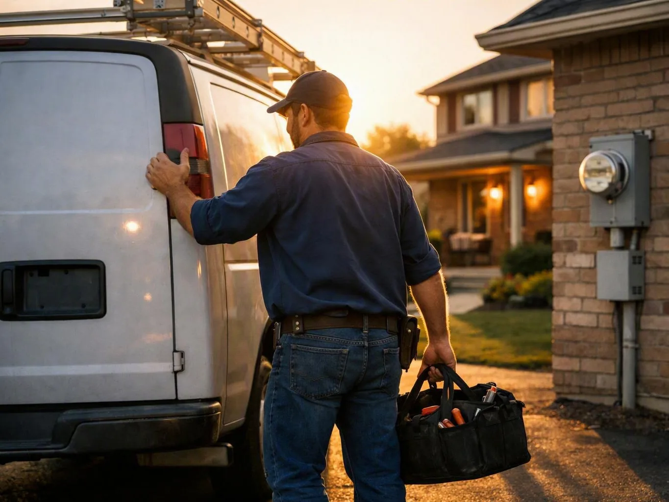 A technician in a cap stands by a white work van at sunset beside a suburban house