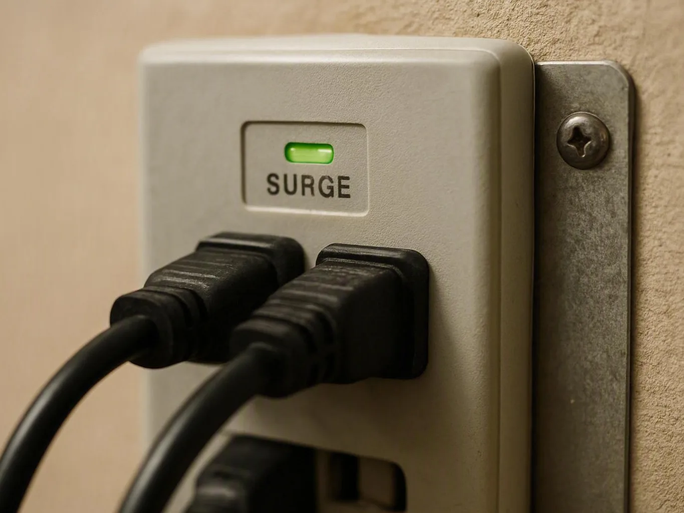 Close-up of a wall-mounted surge protector with two black plugs and a glowing