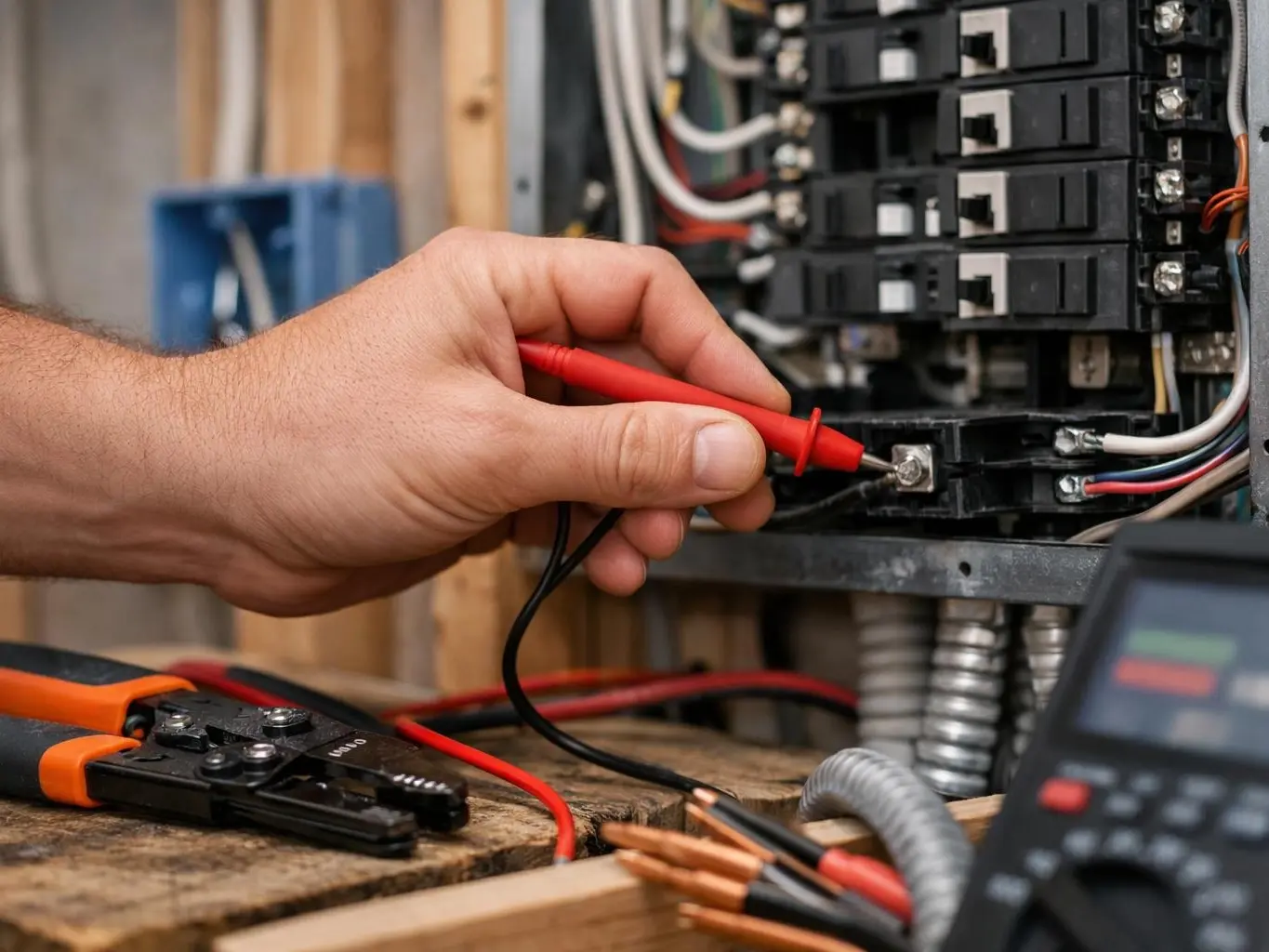 Electrician inspecting an older panel in Lawrenceburg, IN