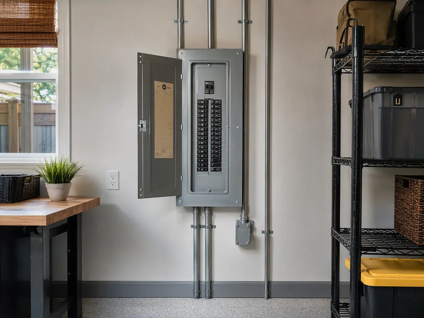 Open electrical breaker panel mounted on a garage wall beside shelves, a