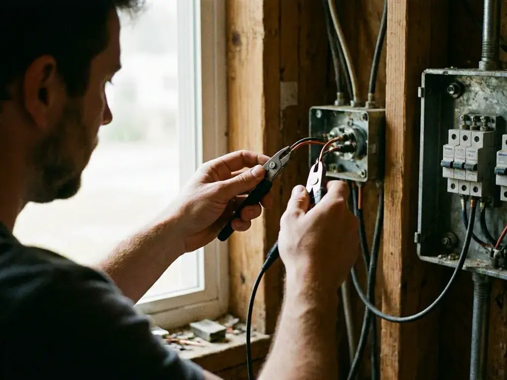 Electrician uses pliers on exposed wiring beside a window in a wooden wall