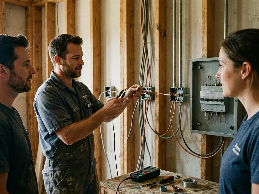 Three workers wire an electrical panel inside a bare framed room