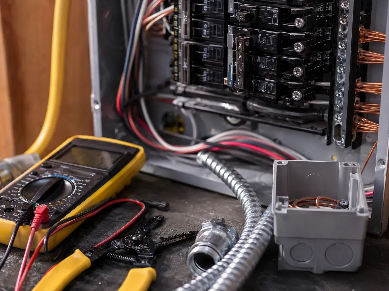 Multimeter, wire strippers, and conduit beside an open breaker panel with
