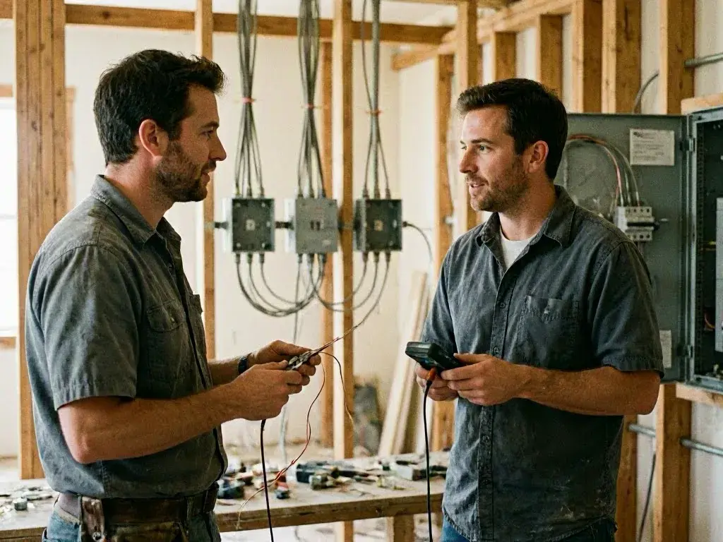 Two electricians hold testing tools and wires inside a framed building under