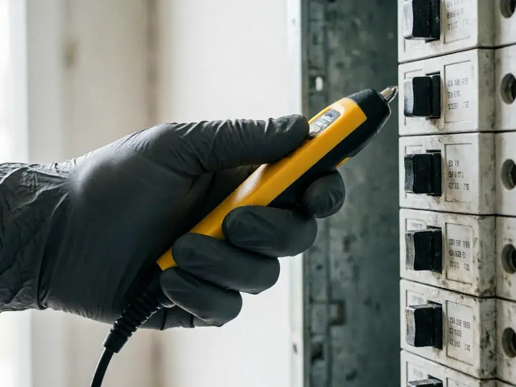 Gloved hand testing a circuit breaker panel with a yellow voltage detector in a