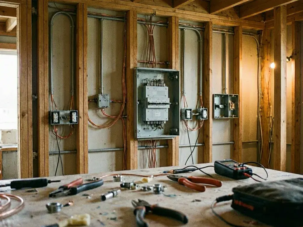 Unfinished room with exposed wiring, electrical panels, and tools on a workbench