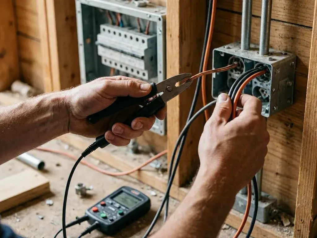 Worker stripping electrical wires in an unfinished wall box beside a testing