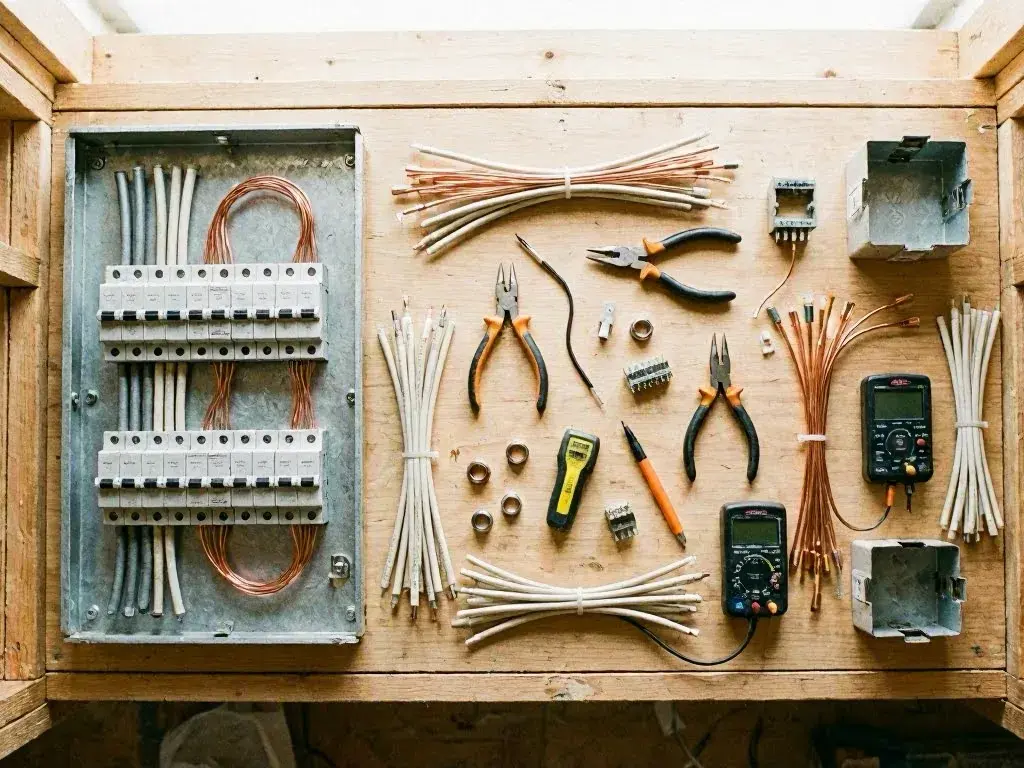 Electrical wiring tools, circuit breakers, cables, and meters arranged across a