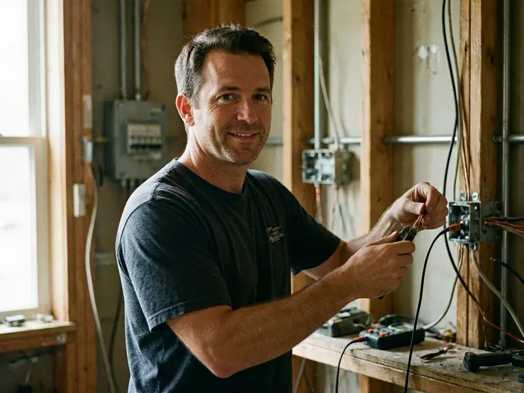 Electrician works on exposed wiring inside an unfinished room