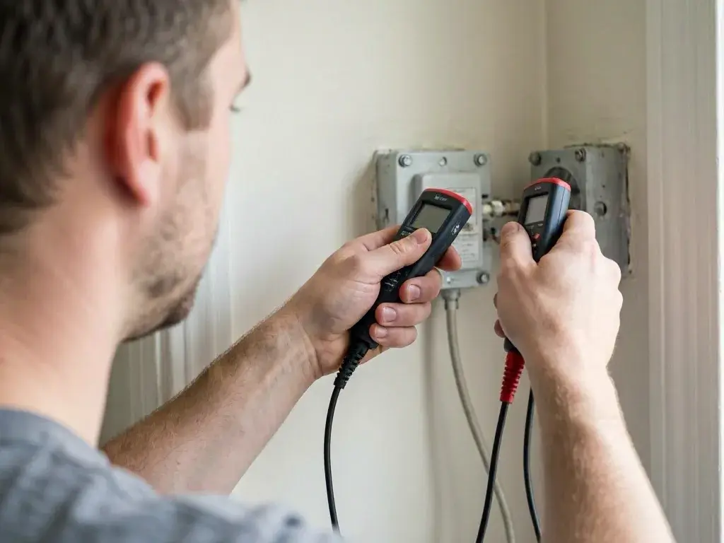 Electrician holds two testing devices near exposed electrical boxes on a wall