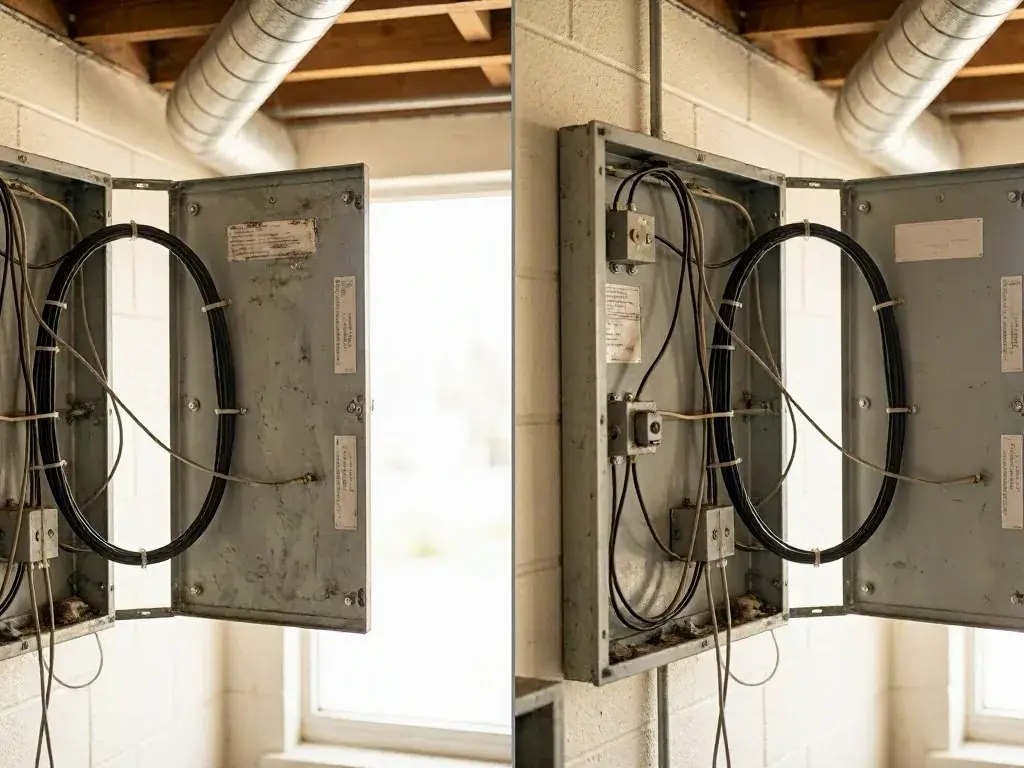 Open electrical boxes with bundled black cables mounted on a basement cinder