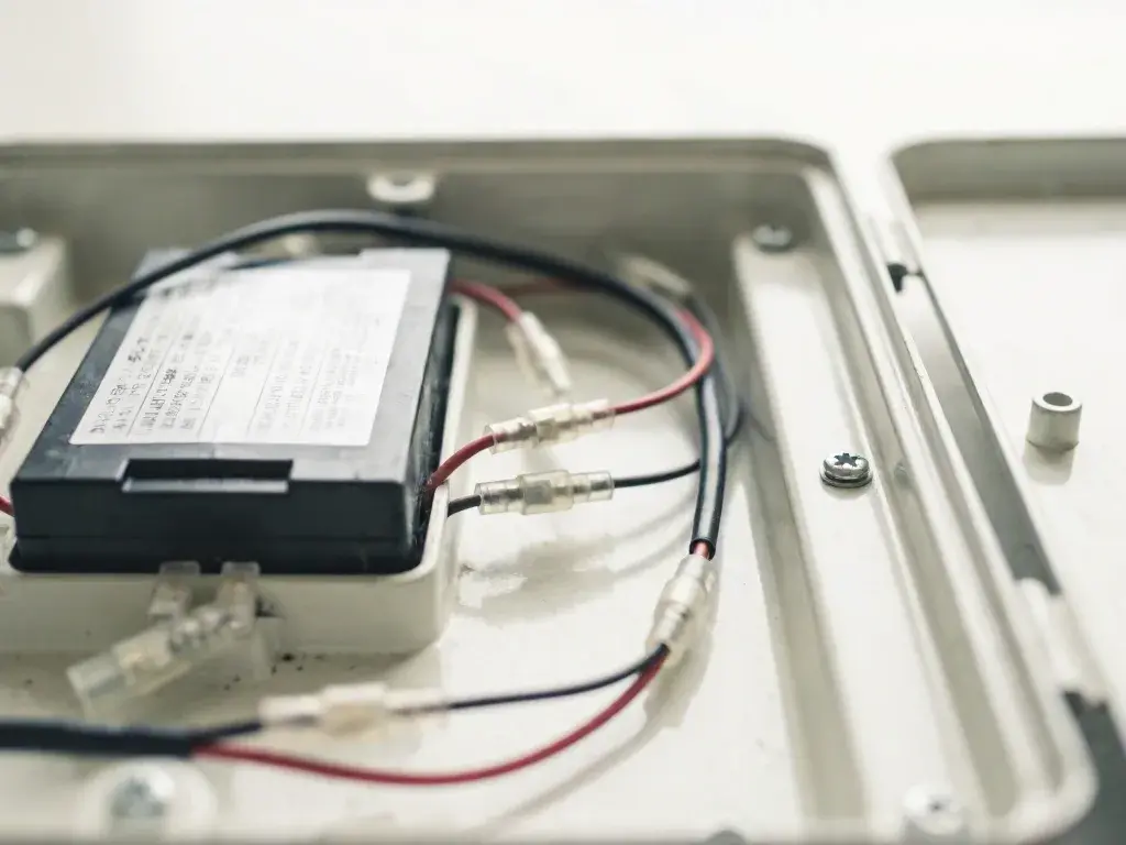 Black electronic lighting module with red and black wires inside a secured