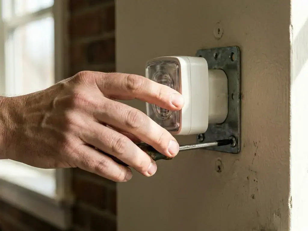 Hand adjusts a small wall-mounted light with a screwdriver beside a painted