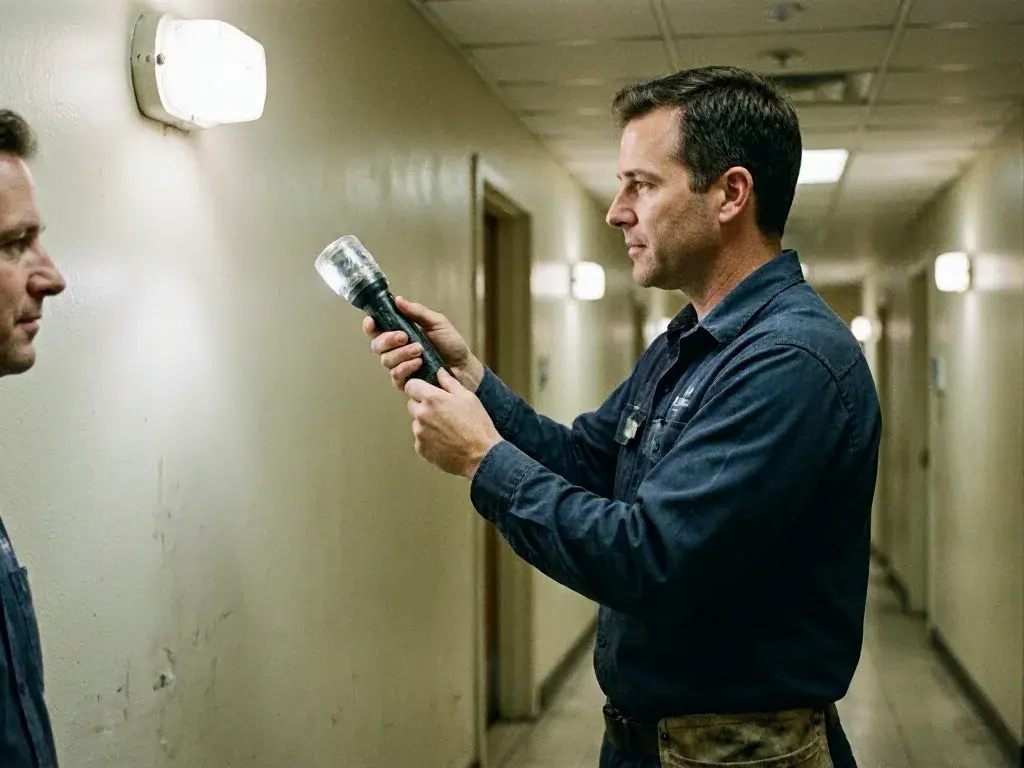 Electrician inspects a hallway wall with a flashlight while another worker