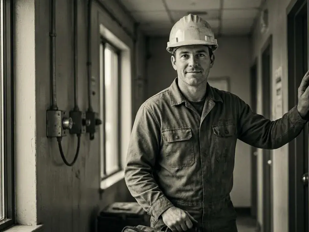 Hard hat worker stands in a narrow industrial hallway beside a doorway