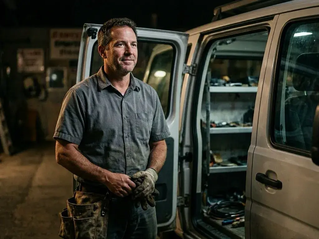 Mechanic holding work gloves beside an open service van in a dim garage