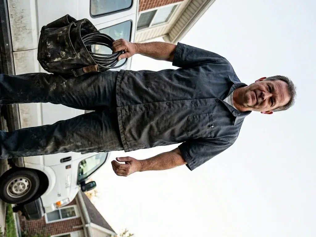 Mechanic holding a coiled hose beside a white service van outdoors