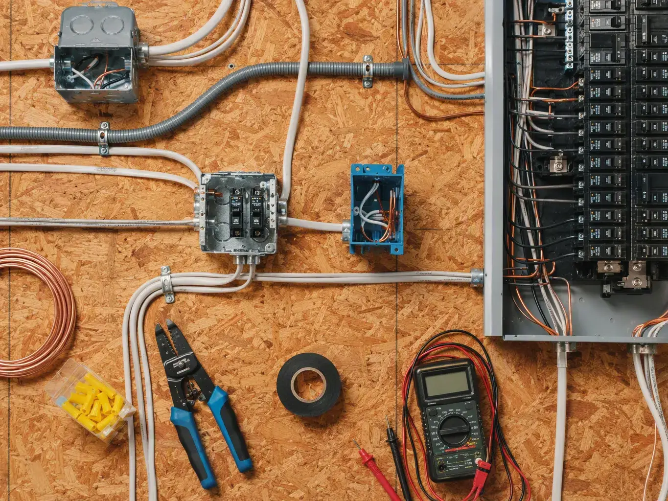 Electrical wiring and breaker panels cover an OSB wall with tools and cable supplies laid below