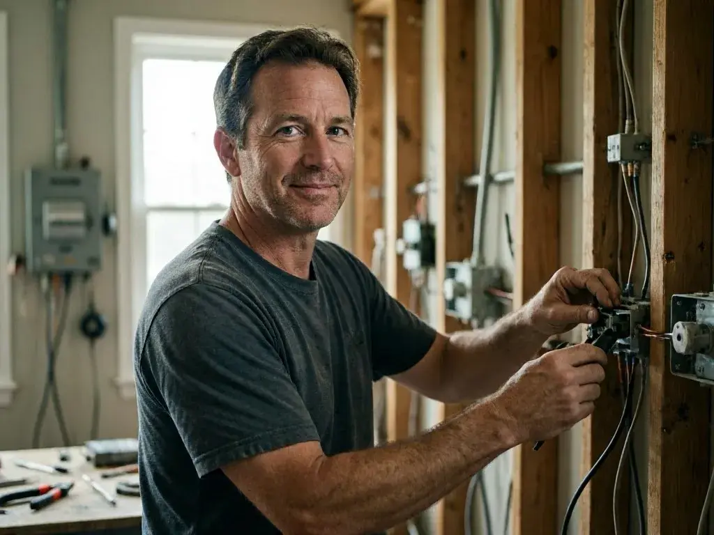 Electrician works on wiring inside a house Information available on request beside an exposed