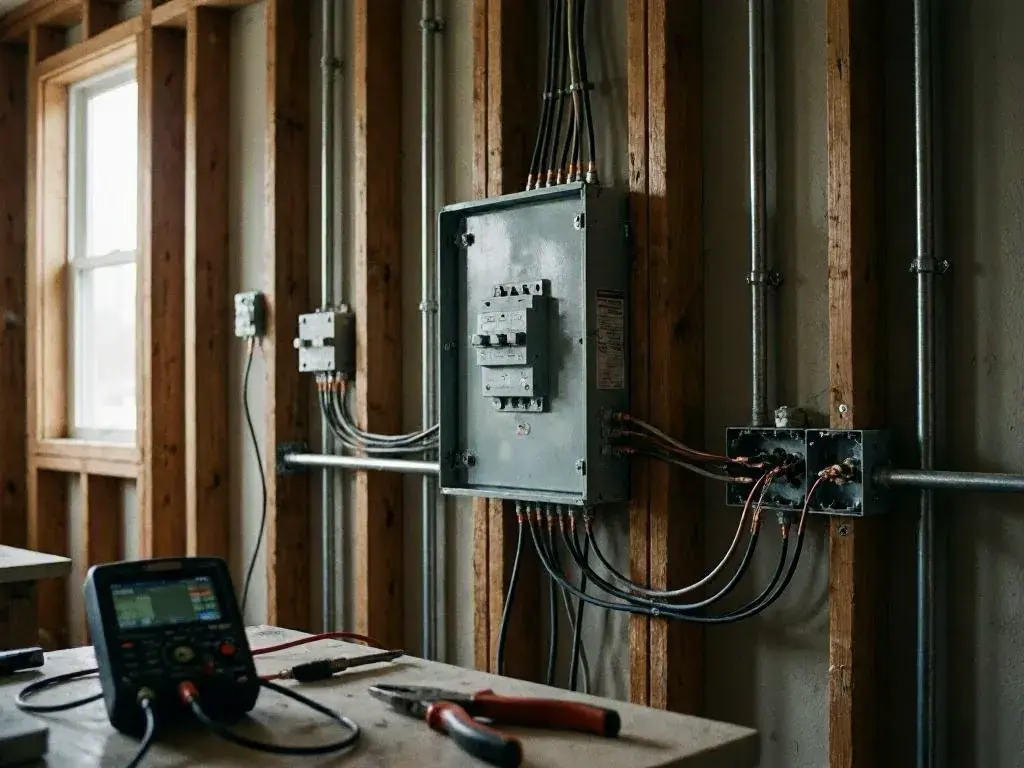 An unfinished room shows electrical panels, conduit pipes, exposed wiring, and testing tools on a workbench