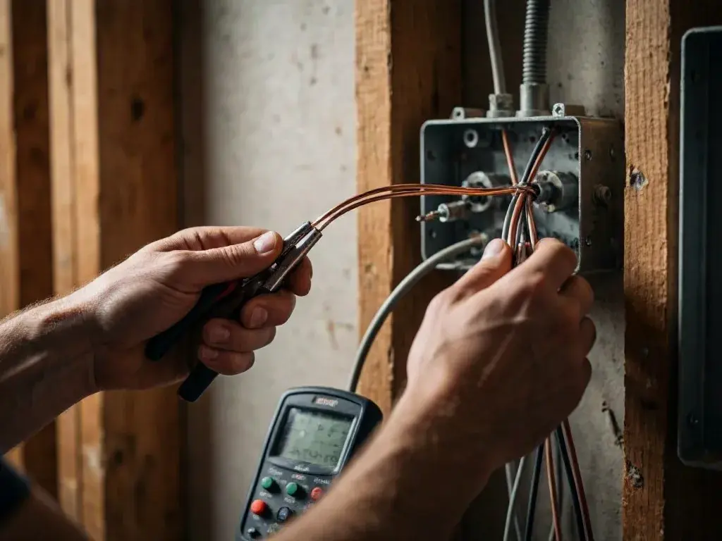 Hands test electrical wires inside a wall box with a multimeter and pliers