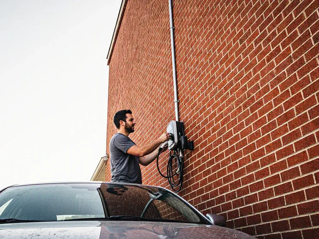 Electrician installs an electric vehicle charging unit on a brick wall beside a