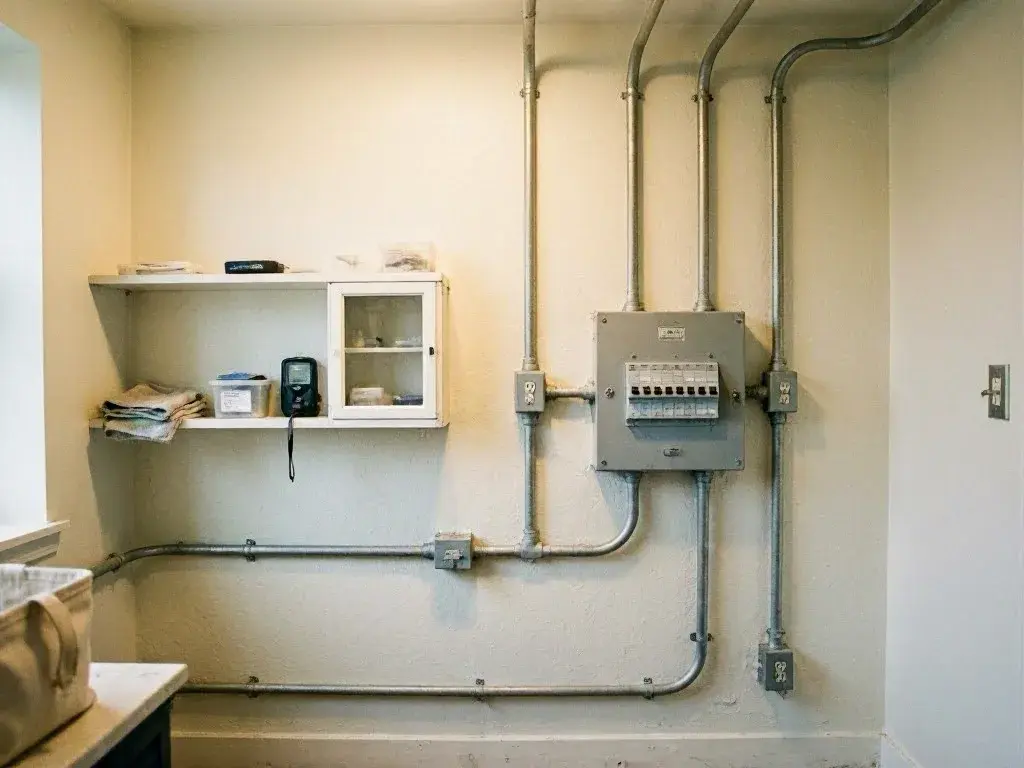 Utility room wall with electrical conduit, breaker panel, and supply shelf