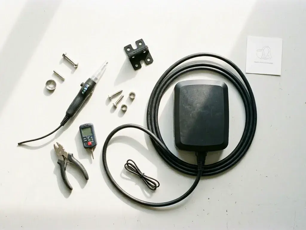 Black electrical testing device with coiled cable, screws, pliers, and hardware