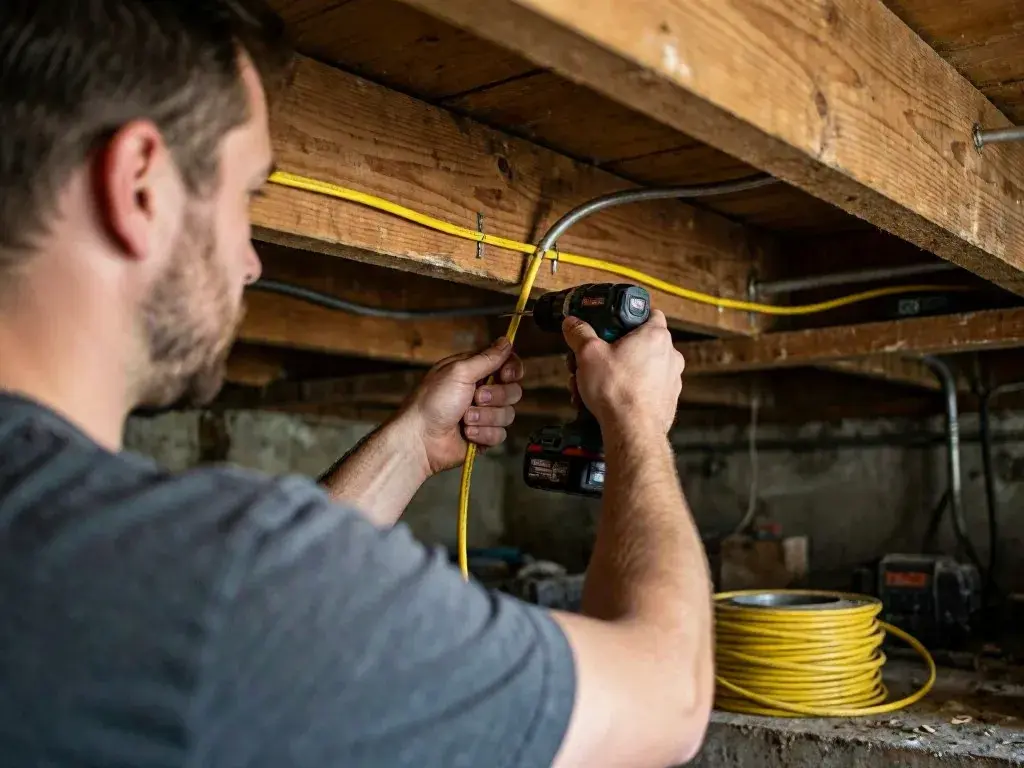Worker drilling a wooden beam while holding yellow cable in a basement