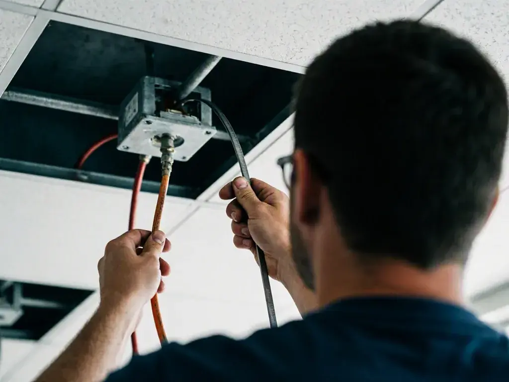 A worker in a ceiling opening connects two cables to a metal box with exposed wiring