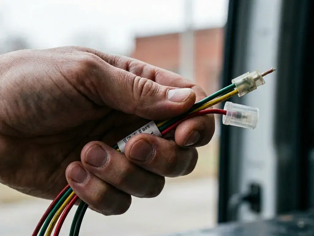 Hand holds colored electrical wires with clear connectors near a window
