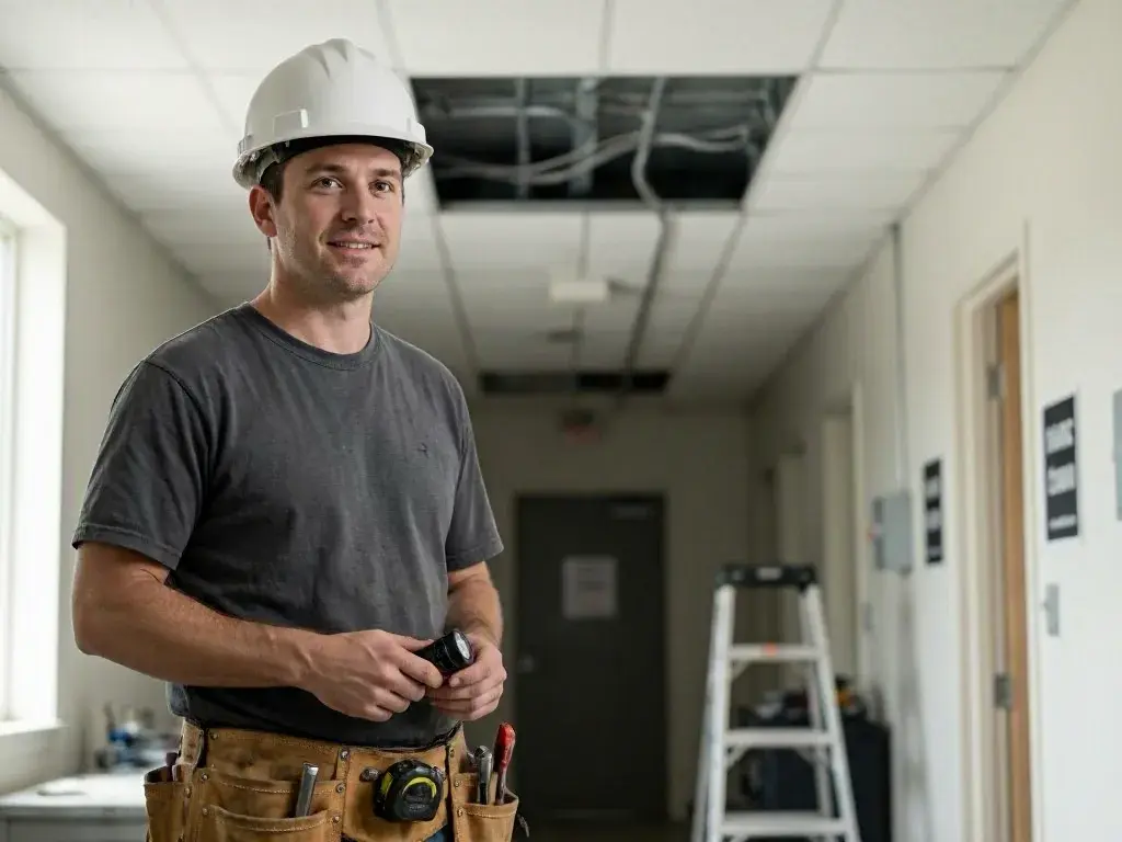 Construction worker in a hard hat stands beside a ladder beneath a missing