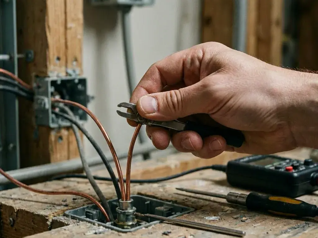 Two electricians stand in a wooden unfinished room, one holding a multimeter and the other a bundle of wires